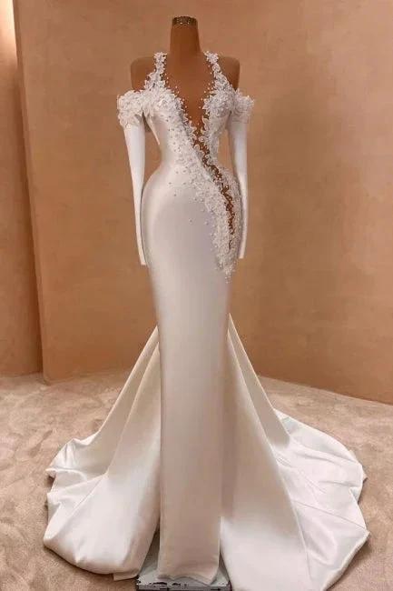 Exquisite Long White Mermaid Straps Satin Long Sleeves Wedding Dress with Pearls (ZD16658)