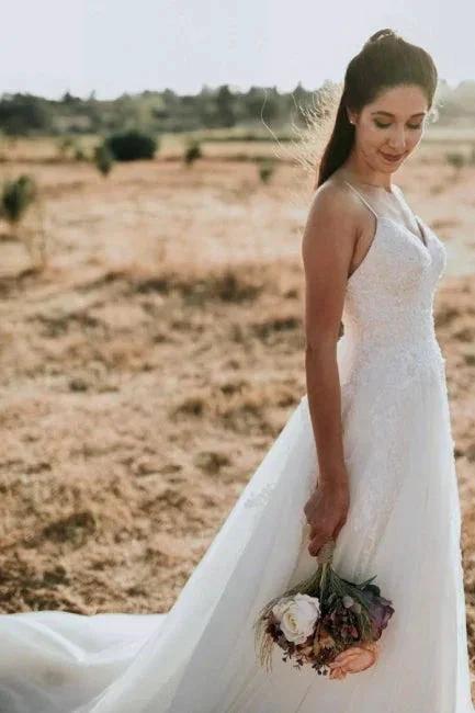 Exquisite Spaghetti Strap Sleeveless A-Line Floor-Length Lace Wedding Dresses (ZD14677)
