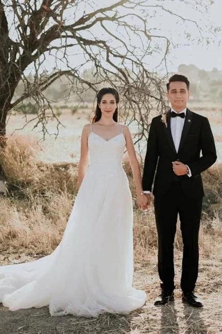 Exquisite Spaghetti Strap Sleeveless A-Line Floor-Length Lace Wedding Dresses (ZD14677)