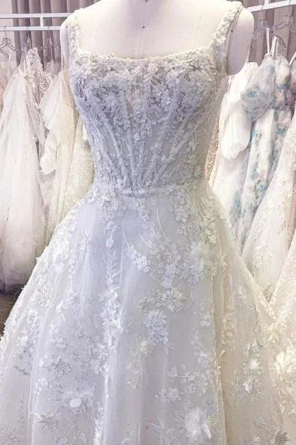 Exquisite Spaghetti Strap Sleeveless A-Line Lace Wedding Dresses with Pattern (ZD14672)
