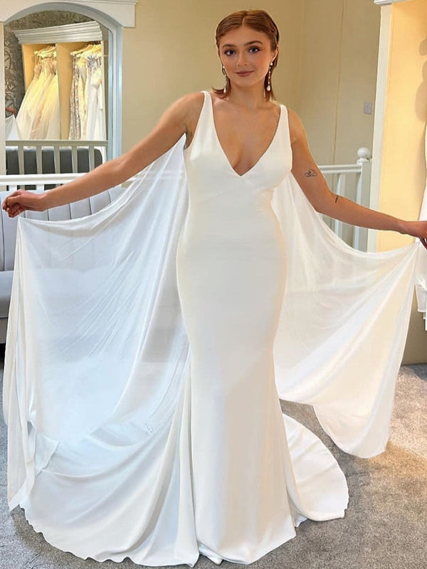 Deep V Satin Mermaid Sleeveless Wedding Dress With Flowy Chiffon Cape Train
