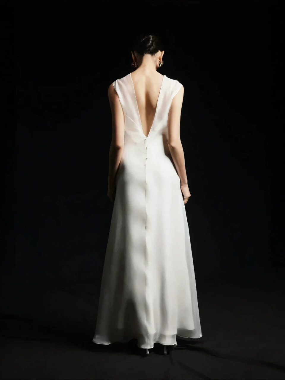 Ivory Layered Deep V-Back Maxi Dress