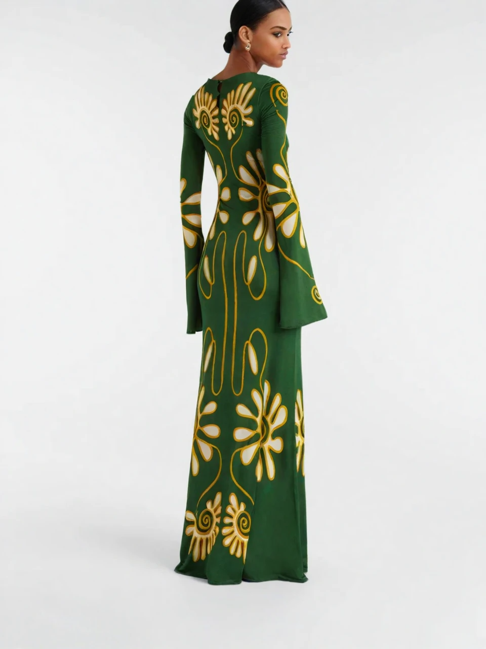 Green Abstract Floral Flare Sleeve Maxi Dress