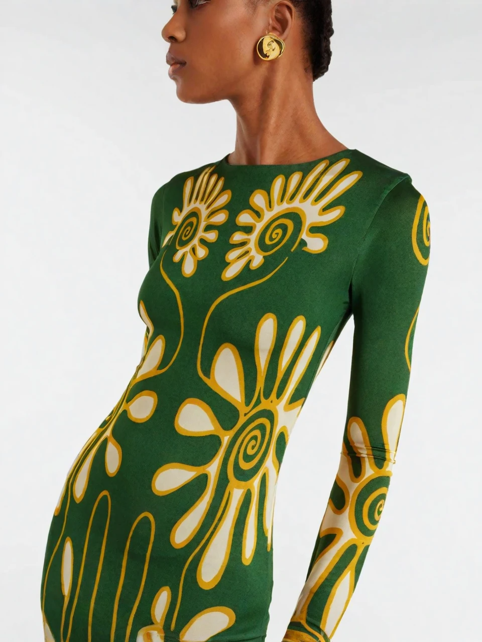 Green Abstract Floral Flare Sleeve Maxi Dress