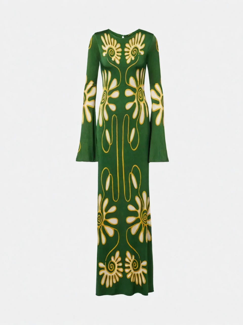 Green Abstract Floral Flare Sleeve Maxi Dress