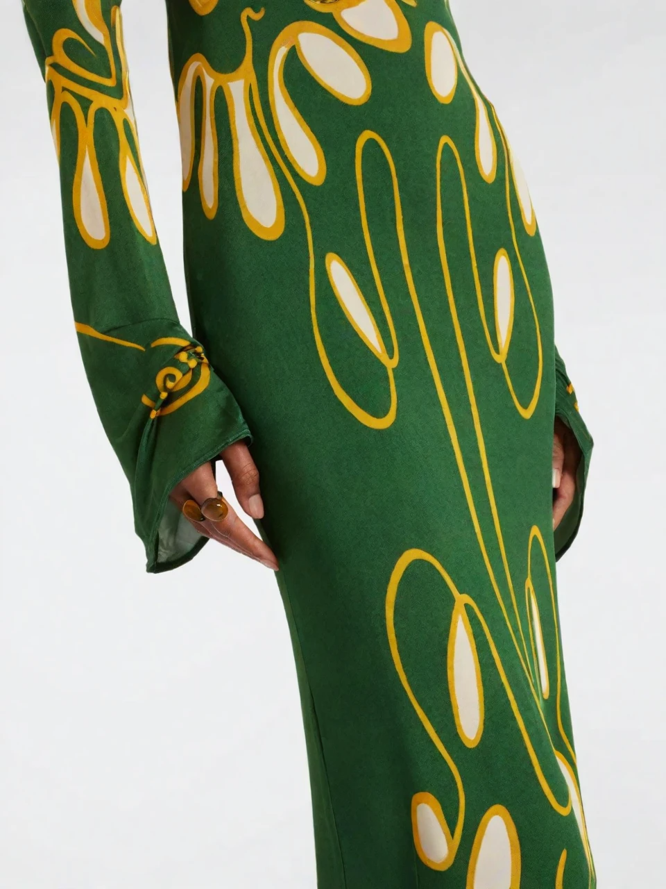 Green Abstract Floral Flare Sleeve Maxi Dress