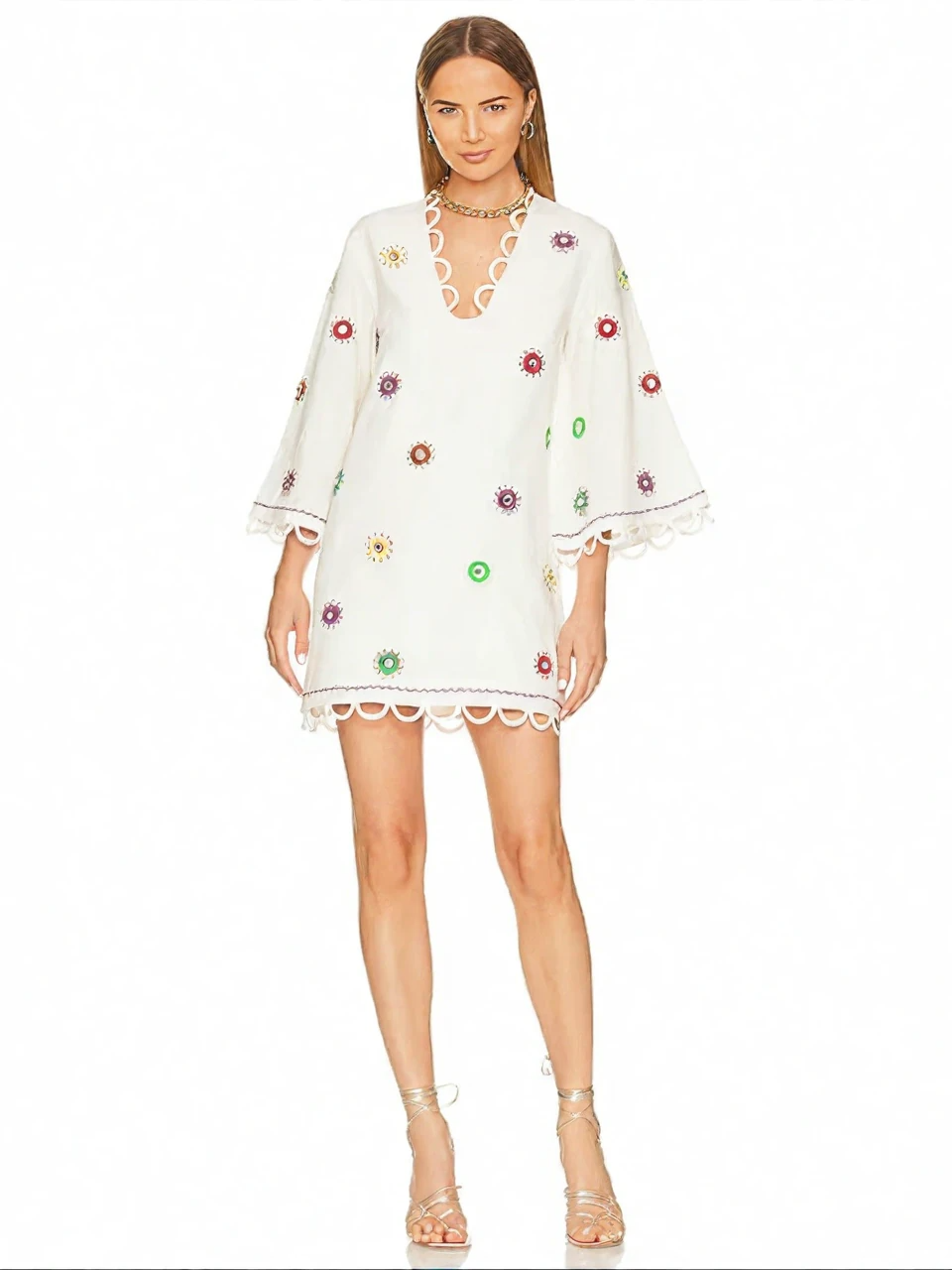 White Embroidered Scalloped Mini Dress