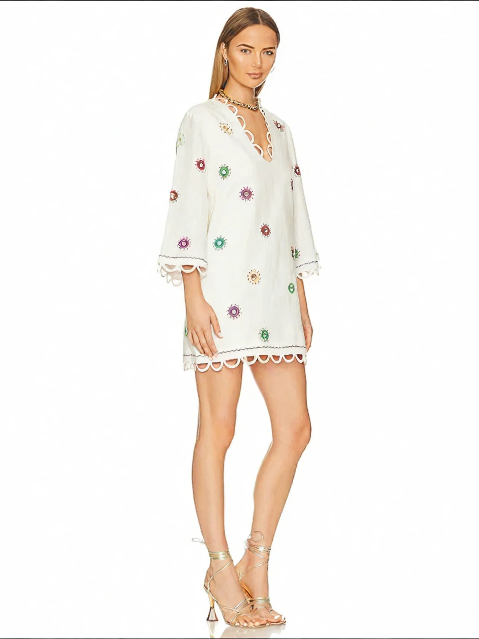 White Embroidered Scalloped Mini Dress
