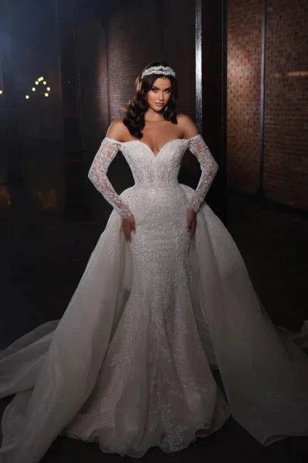 Extravagant A-line Off-the-shoulder Lace Mermaid Wedding Dresses with Sleeves (ZD14976)