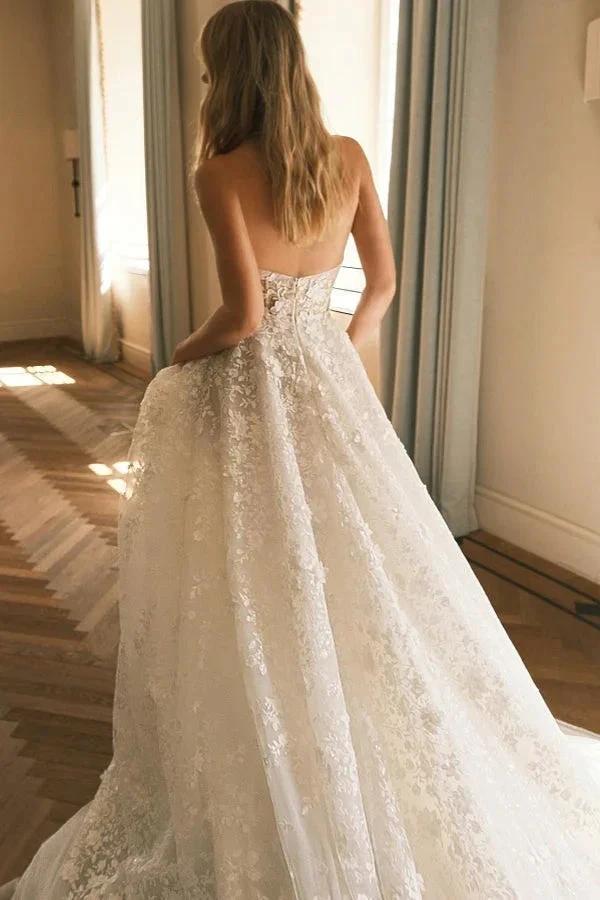 Extravagant Long A-line Lace Sweetheart Strapless Wedding Dress (ZD15498)