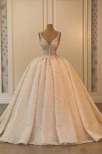 Extravagant Long A-line V-neck Sleeveless Princess Glitter Wedding Dress with Lace (ZD16644)
