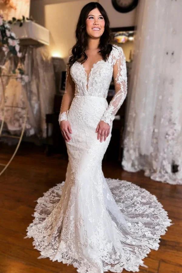 Extravagant Long Mermaid V-neck Backless Lace Wedding Dress with Long Sleeves (ZD15514) - VelvetHem