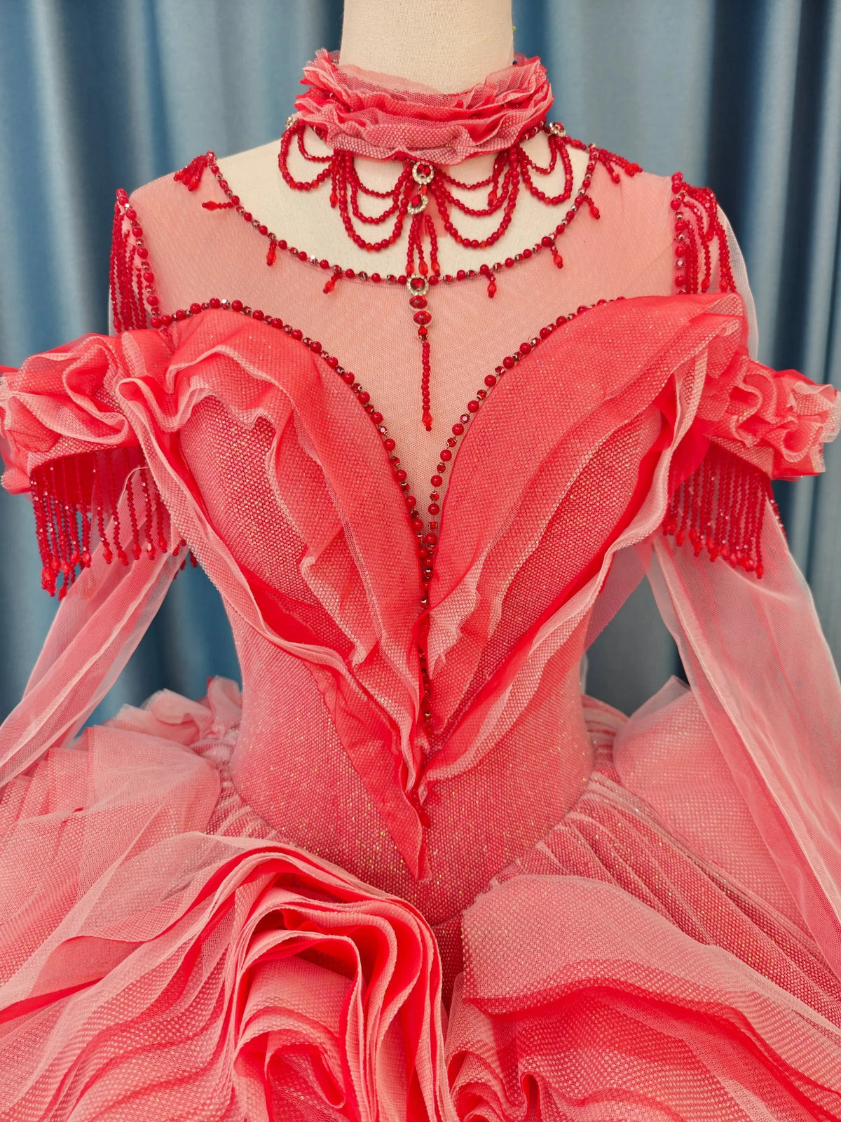 Vibrant Coral Red Off-the-Shoulder Ball Gown Wedding Dress with 3D Rose Appliqués & Beaded Tassels Ye-2036 by ZAPDRESS