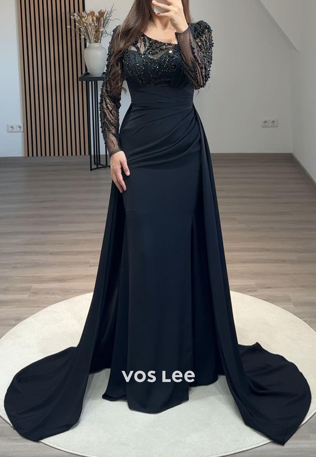 Pleated Beading Long Sleeve Illusion Neck Sweep Train Formal Dresses