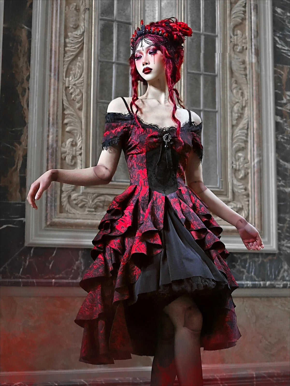 Japanese Gothic Style Red Black Halloween Off-Shoulder Court Wave Autumn Dark High-Waist Lolita Party Dress - VelvetHem