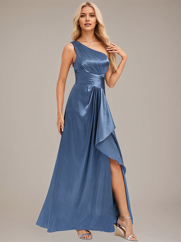 Slate Blue A-Line One Shoulder Floor-Length Satin Bridesmaid Dress With Ruffle