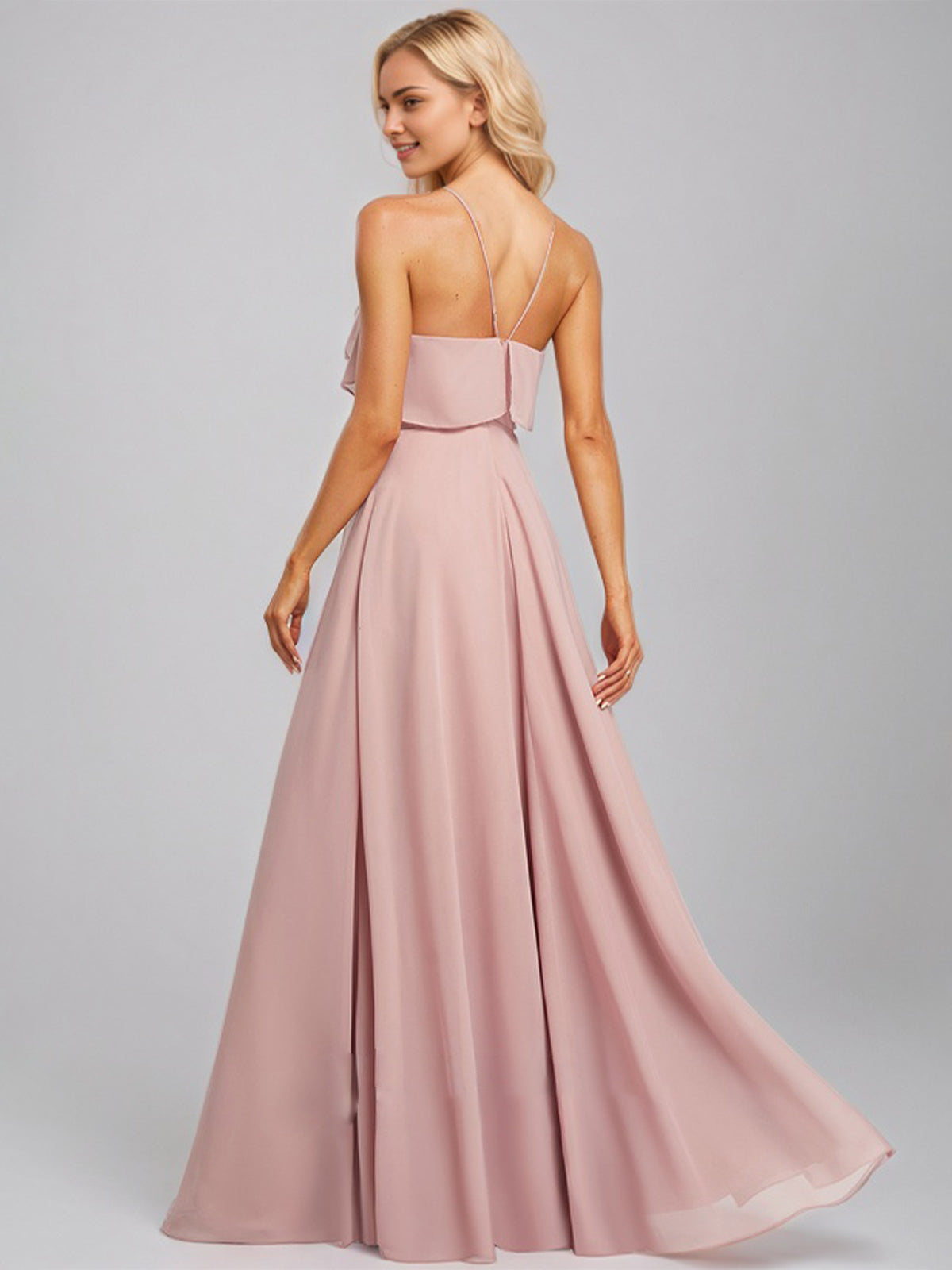Dusty Rose A-Line Halter Floor-Length Chiffon Bridesmaid Dress With Ruffle