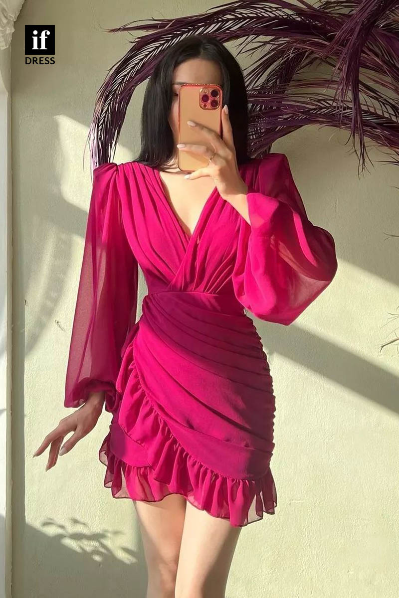 F1362 - Stylish Long Sleeves Pleats Chiffon Short Party Homecoming Dress