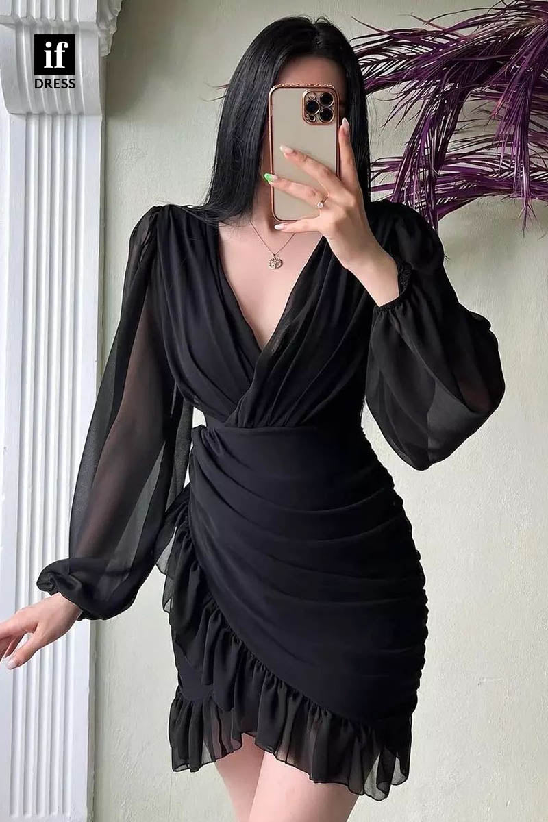 F1362 - Stylish Long Sleeves Pleats Chiffon Short Party Homecoming Dress