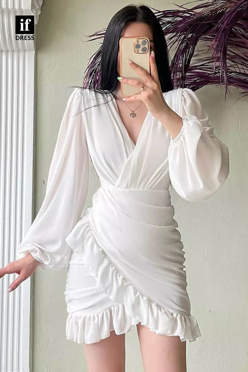 F1362 - Stylish Long Sleeves Pleats Chiffon Short Party Homecoming Dress