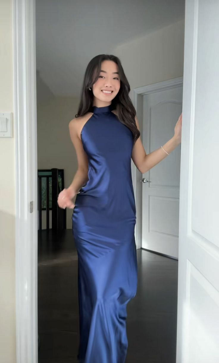 Navy Blue Sheath Satin Long Prom Dress Formal Evening Dress J8232