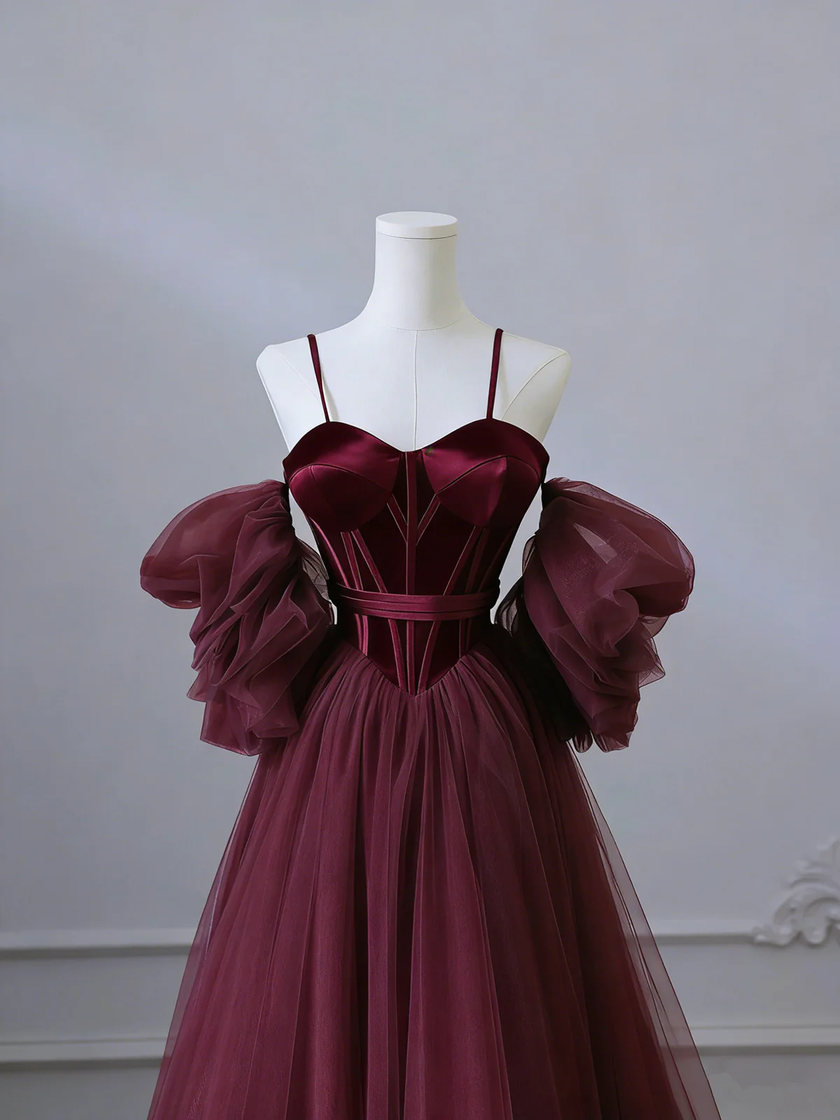 Wine Red Satin and Tulle Vintage Style Prom Dress, Sweetheart Long Party Dress - View 3 | FashionDia