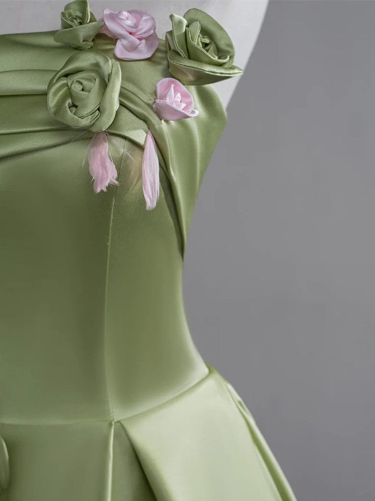 Elegant Green Satin Party Dress With Flowers, Green Long Prom Dress - View 2 | FashionDia