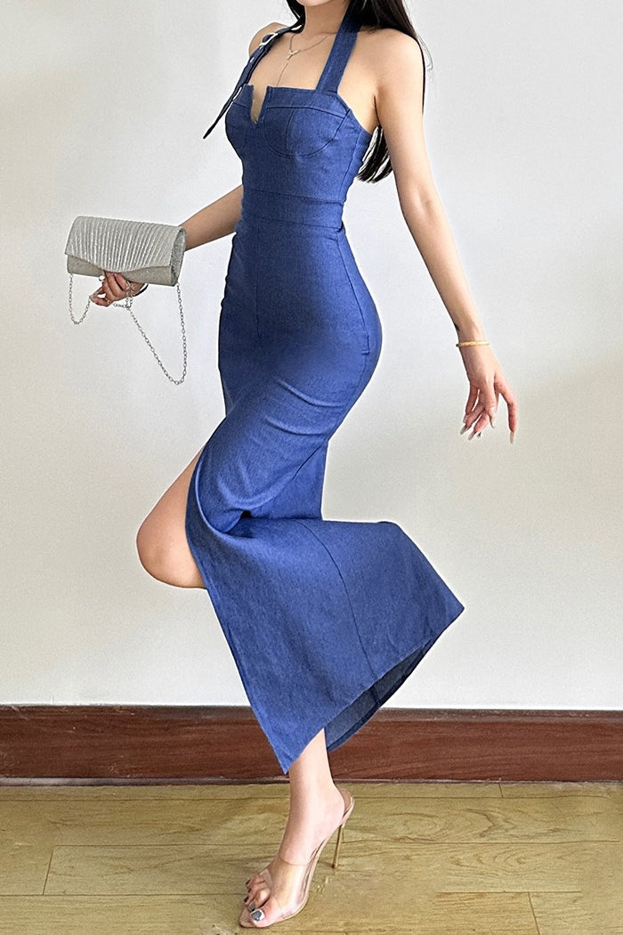 Halter Split Maxi Denim Dress - View 3 | VelvetHem