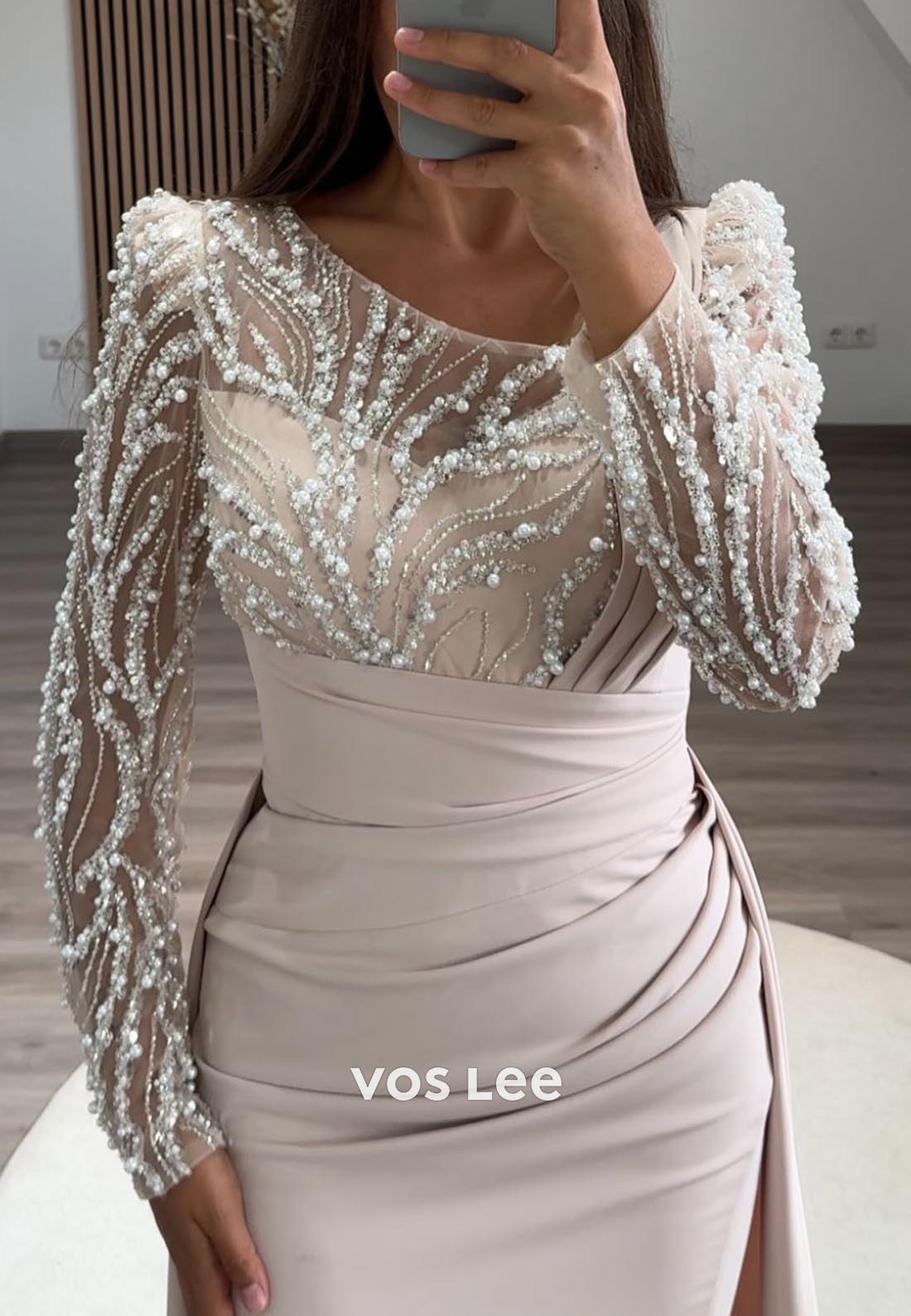 Pleated Beading Long Sleeve Illusion Neck Sweep Train Formal Dresses