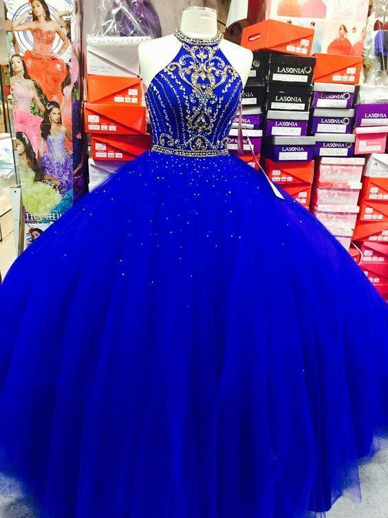 Royal Blue Halter Beaded Ball Gown Quinceanera Dresses ,Sweet 15 Quinceanera Dress - VelvetHem