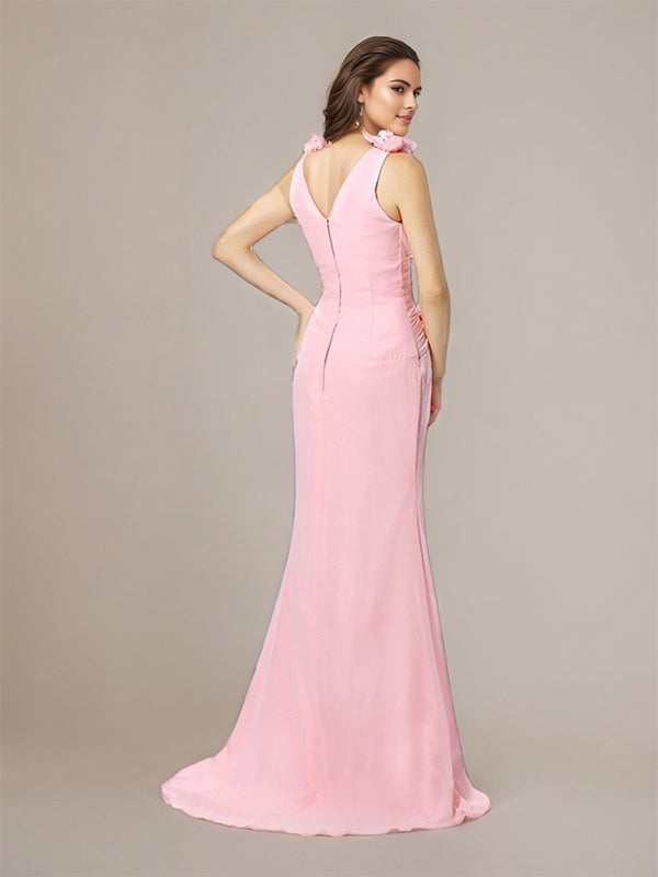 Pink Trumpet/Mermaid V-Neck Floor-Length Chiffon Bridesmaid Dress With Hand-Made Flower - View 2 | FashionDia