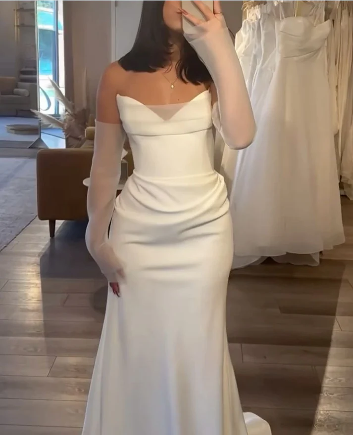 White Strapless Mermaid Long Wedding Dress Elegant Bridal Dress J8073