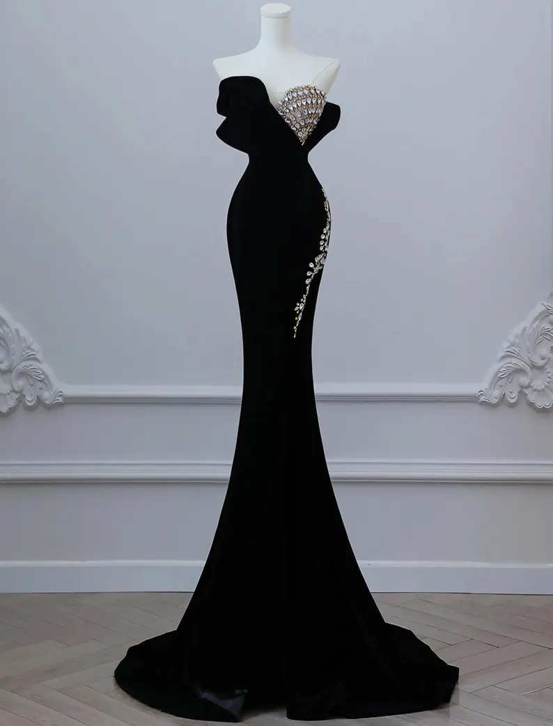 Black Velvet Beaded Prom Dress Formal Mermaid Evening Dress - FashionDia