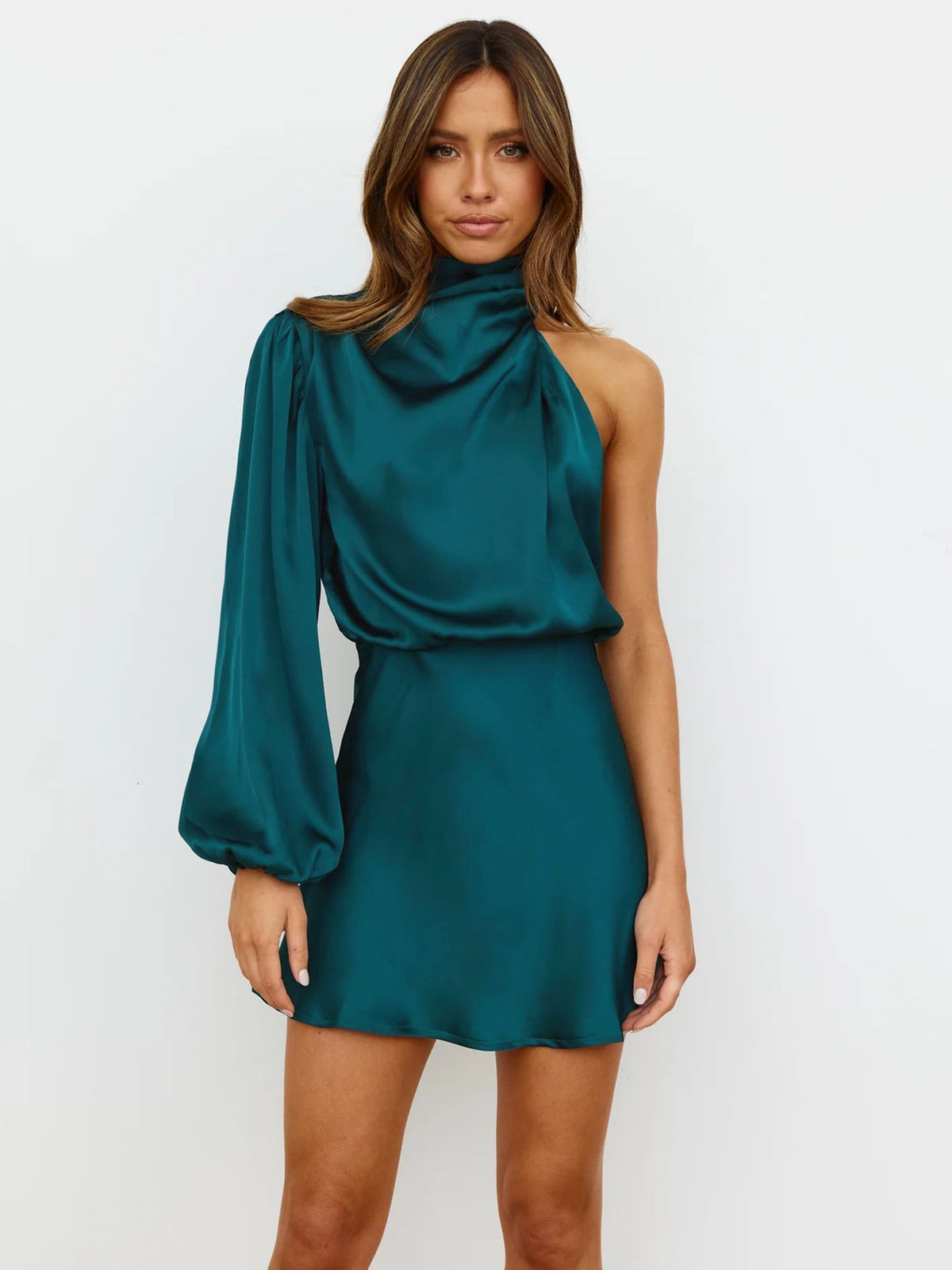 Autumn Winter Women Clothing Evening Dress: High Grade Satin One Shoulder Elegant Dress - View 5 | VelvetHem