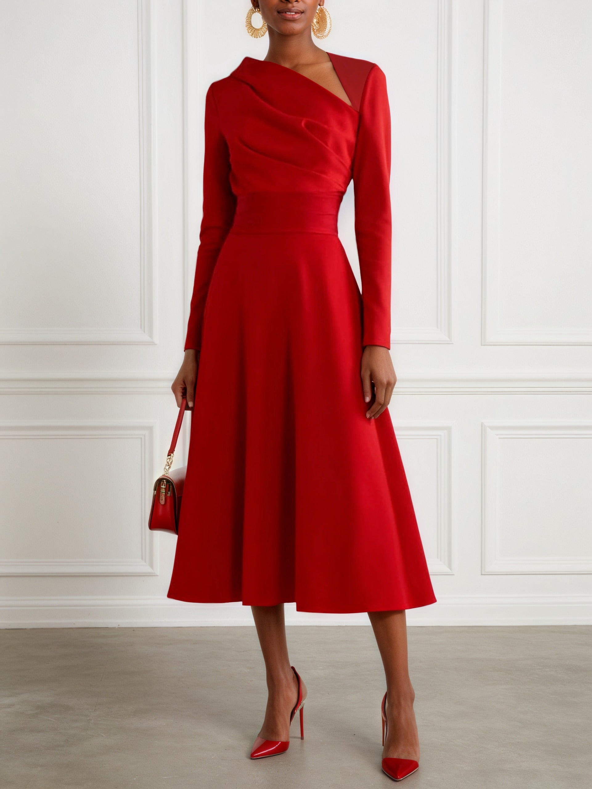 Red Classic Asymmetrical Long Sleeve A-Line Midi Dress - FashionDia