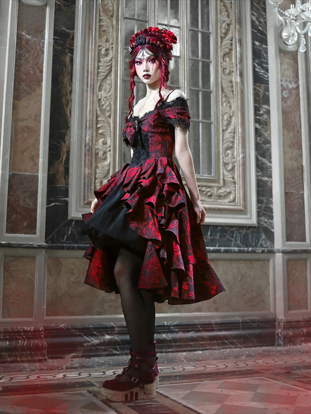 Japanese Gothic Style Red Black Halloween Off-Shoulder Court Wave Autumn Dark High-Waist Lolita Party Dress - View 2 | VelvetHem