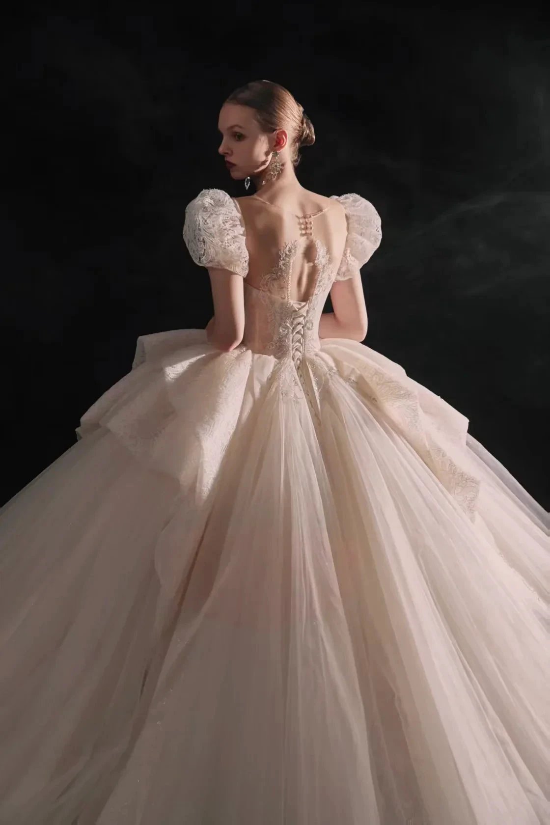 Elegant Sweetheart Ball Gown Lace Puff Sleeve Beaded Embroidery Wedding Dress with Flowing Train E-302 (ZD16903) - View 3 | VelvetHem
