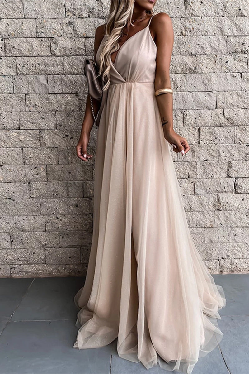 Sexy Formal Solid Mesh V Neck Evening Dress Dresses - View 2 | VelvetHem