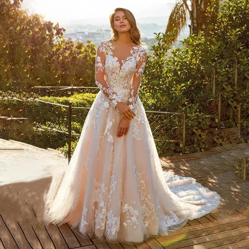 Elegant Lace A-line Wedding Dress Full Sleeves Court Train O-neck Buttons Vestido De Novia Bridal Gown Custom Made by payinti