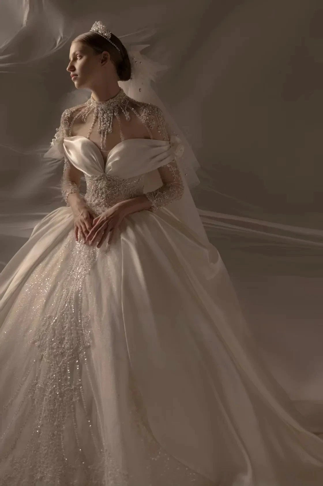 Opulent Ball Gown Off-the-Shoulder Satin Wedding Dress with Sequin Embroidery & Dramatic Train (ZD16915)