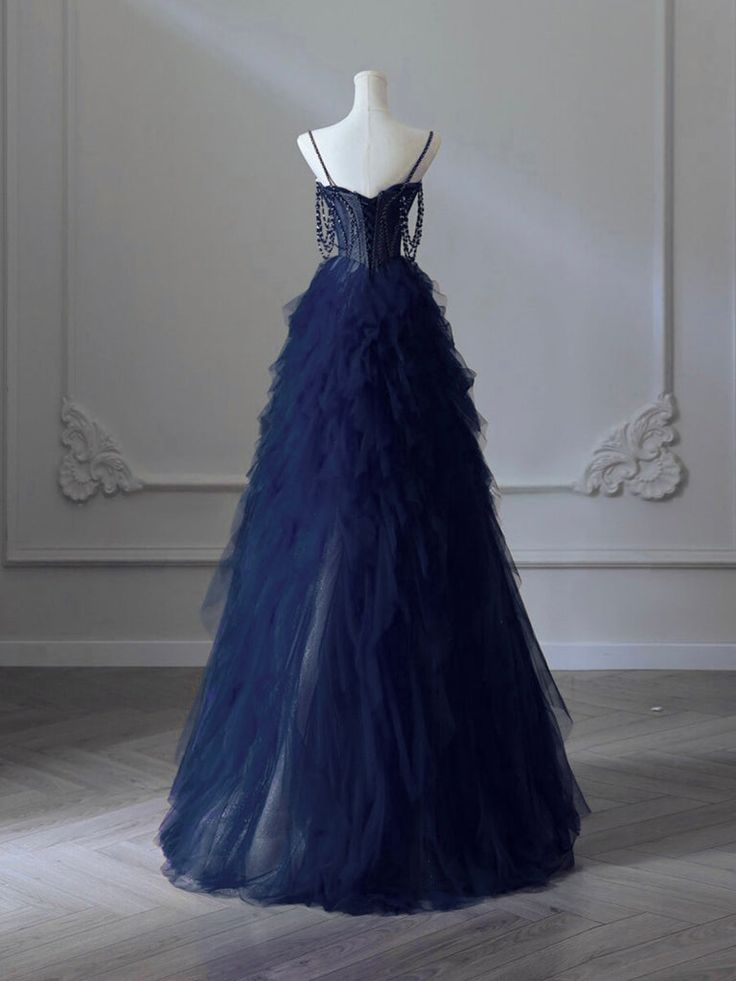 Pretty Sweetheart Neck Navy Blue Prom Dress, Tulle Beaded Long Graduation Dress Ball Gown - View 3 | FashionDia