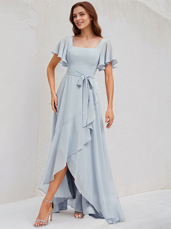 Ice Blue Chiffon A Line Square Neck Short Sleeves Asymmetrical Bridesmaid Dress