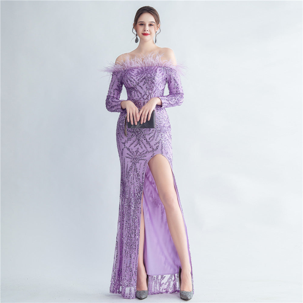High Density Ostrich Hair Sequin Off Shoulder Fishtail Evening Dress - View 7 | VelvetHem