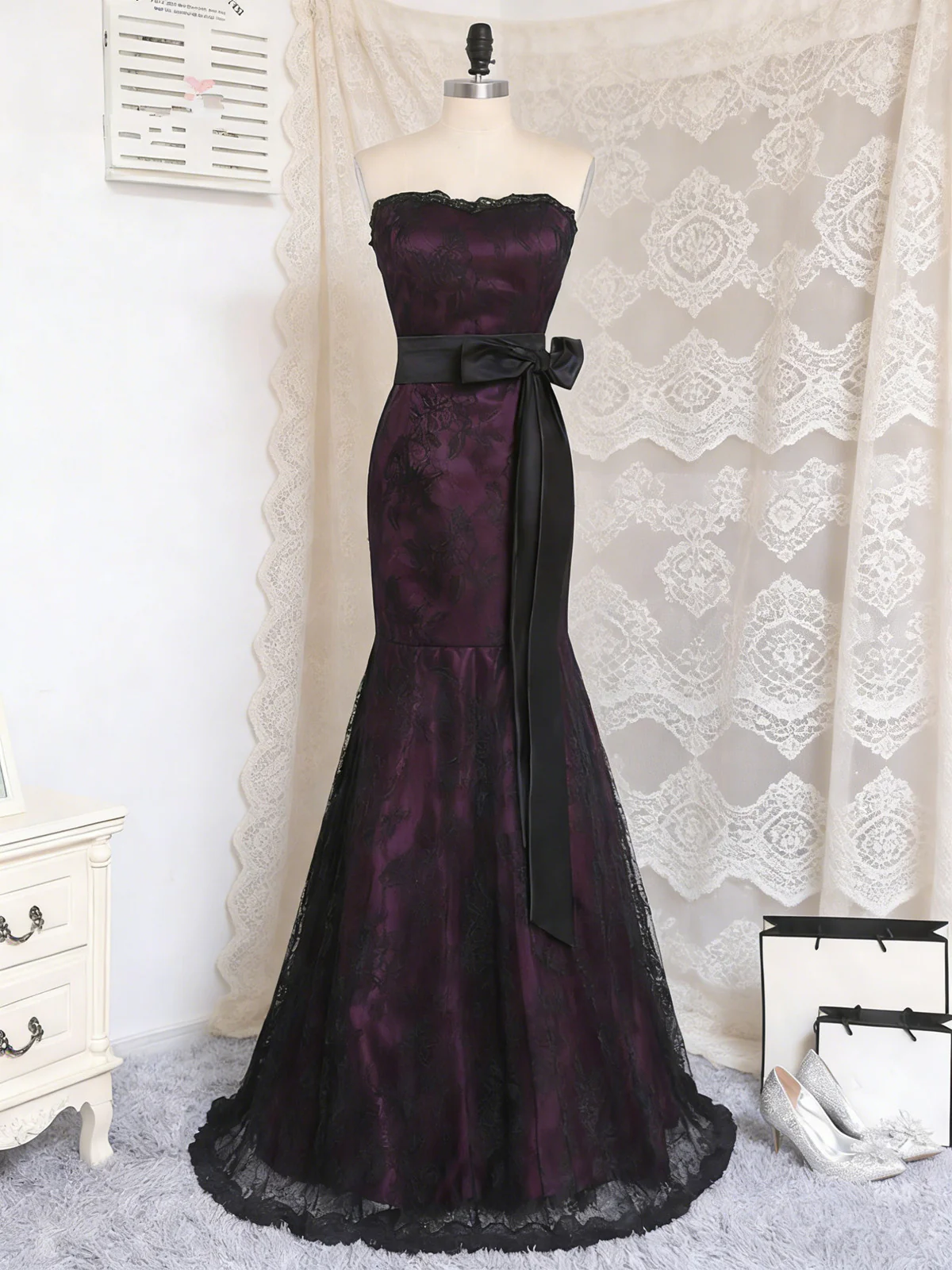 Gothic Purple and Black Lace Mermaid Prom Gown, Strapless Floor-Length Party Dress Evening Dress - FashionDia