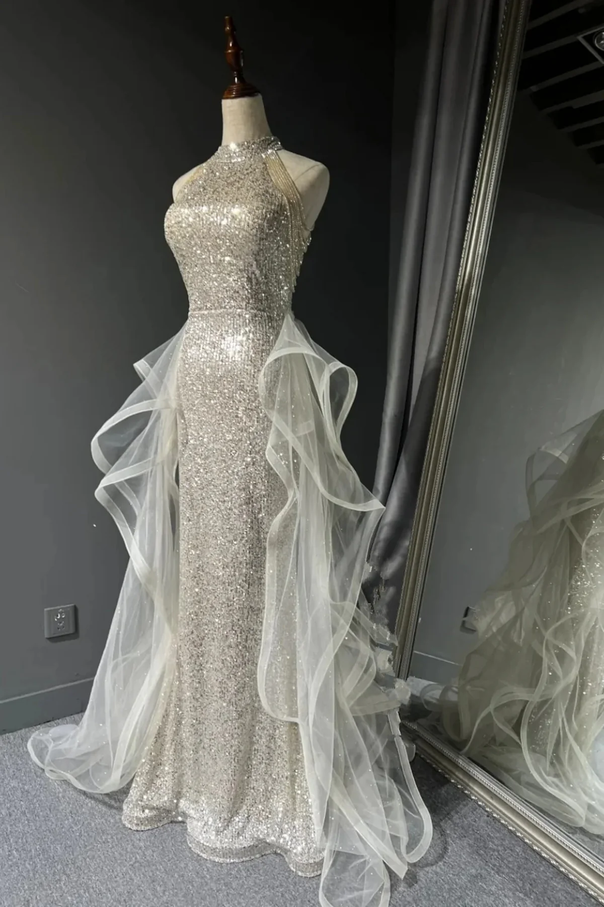 Chic White Tulle and Sequins Long Prom Dress, Halter A-line Party Dress Evening Dress - View 4 | FashionDia