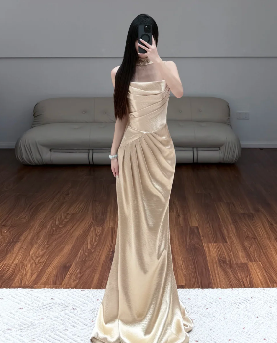 Champagne Satin Prom Party Dress Mermaid Evening Dress Graduation Dress