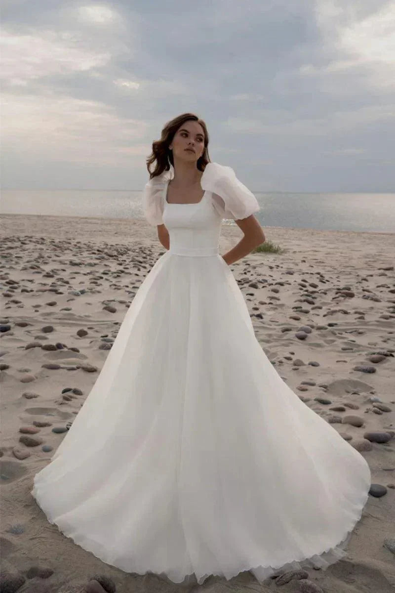 Wedding Dresses Charming A-Line Square Neck Short Sleeves with Train - VelvetHem