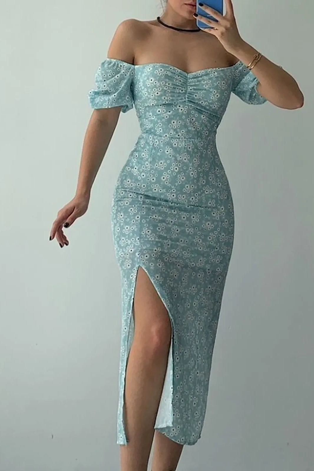 Chiffon Wrap Slit Floral Dress - FashionDia