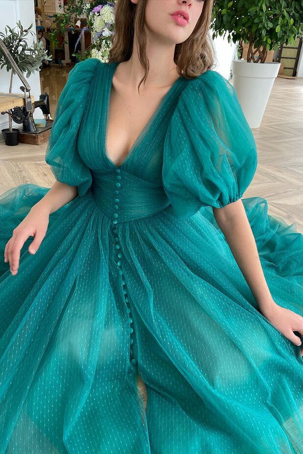 Elegant Dark Green A-Line Tulle Evening Dress with V-Neck and Short Sleeves - View 3 | VelvetHem
