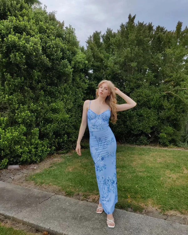 Unique Mermaid Blue Print Prom Dress Long Party Evening Dress - View 3 | FashionDia